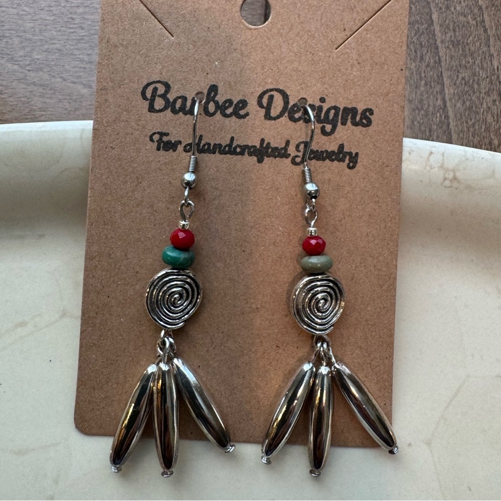 Southwest Style Earrings with Genuine Turquoise & Red Bead Accents - Handmade - Picture 3 of 4